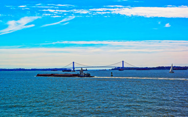 Aerial view with Verrazano-Narrows Bridge over Upper Bay and Lower Bay. It connects Brooklyn and Staten Island. Manhattan Area, New York of USA. United States of America, NYC, US.