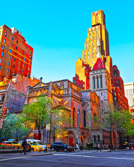 Street in Financial District at Lower and Downtown Manhattan, New York of USA. Skyline and...