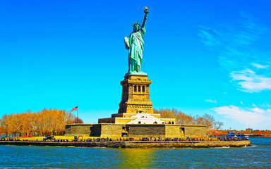 Statue on Liberty Island, USA, in Upper New York Bay on Manhattan City Area, America. American...