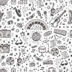 Vector Music background. Seamless pattern with Hand drawn doodle Musical Instruments, Retro musical equipment. © AllNikArt