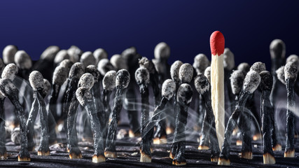 Group Of Burnt Matchsticks With One Survivor - Employee Hiring / Leadership Concept