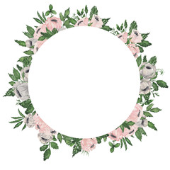 Naklejka premium Hand drawn watercolor illustration. Round frame beautiful wreath with leaves, flowers, branches, berries. Design for wedding invitations, greeting cards, save the date invitation, prints, postcards.