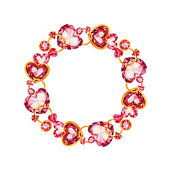Watercolor romantic frame for Saint Valentine's Day. Hand drawn ruby hearts, diamonds and rings,  Elements isolated on white background