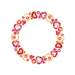 Watercolor romantic frame for Saint Valentine's Day. Hand drawn ruby hearts, diamonds and rings,  Elements isolated on white background