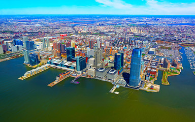 Jersey City, New Jersey and Hudson River. View from Manhattan, New York of USA. Skyline and...