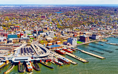 Aerial view of Staten Island St George Ferry terminal. Manhattan Area, New York of USA. Skyline and...