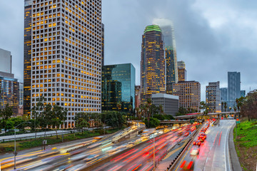 Fototapeta na wymiar Los Angeles skyline at twilight on a rainy day