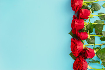 Top view of red rosese on blue background