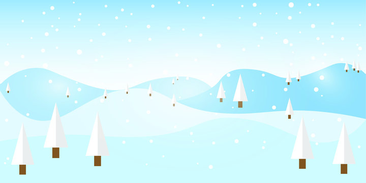 Cartoon style winter landscape. Vector illustration of pine trees, mountains and snowflakes.
