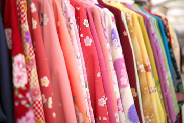 Tokyo,Japan-January 6, 2019: Closeup of kimonos on hangers