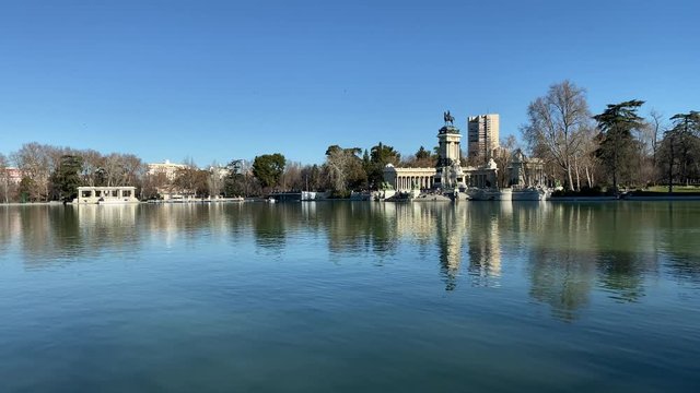 Water pond in the Retiro park in Madrid Spain.