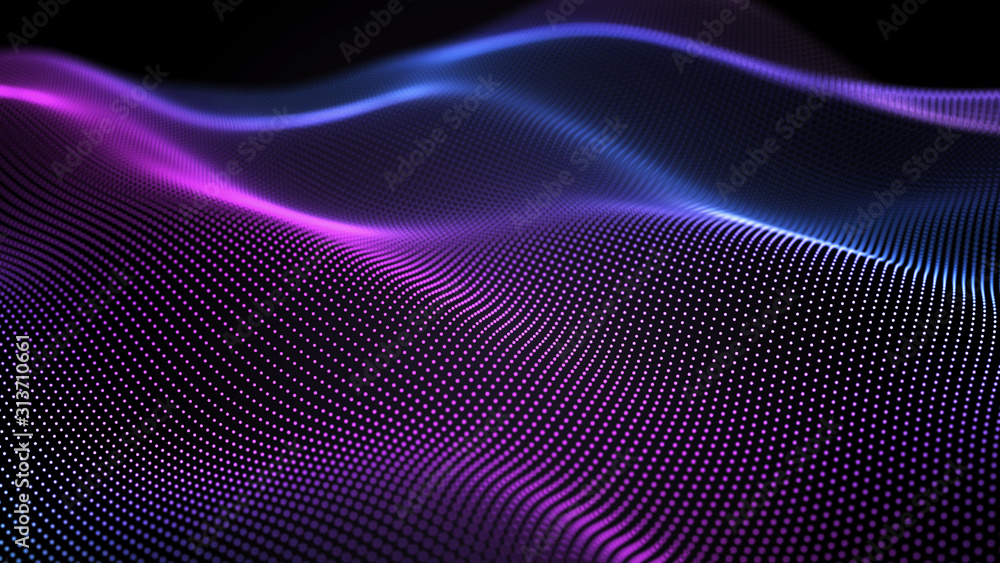 Aufkleber Futuristic dots pattern on dark background. Colored music wave. Big data digital code. Technology or Science Banner. 3D rendering