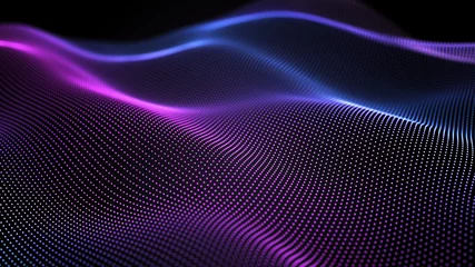 Poster Futuristic dots pattern on dark background. Colored music wave. Big data digital code. Technology or Science Banner. 3D rendering © Olga