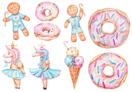 Hand painted watercolor cute lovely clipart with gingerbread, donuts, ice cream, unicorn. Perfect for print, poster, logotype, pattern, wedding invitation, home decor, sticker, scrapbooking