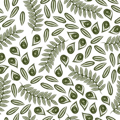 Vector Abstract Green Leaves on White Background Seamless Repeat Pattern. Background for textiles, cards, manufacturing, wallpapers, print, gift wrap and scrapbooking.