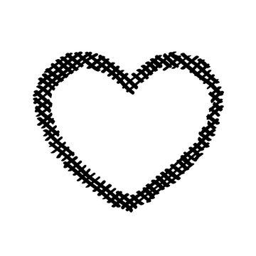 Scribble diagonal hatching criss cross, black heart shaped frame, symbol love Valentines Day. Backdrop hand drawn image. Sketch shaded badges shape. Monochrome vector design. Isolated illustration