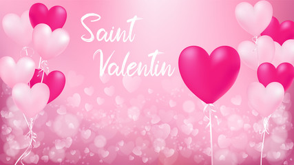 Fototapeta na wymiar Bannière - carte Saint Valentin - ballon coeur rose et rouge - 14 février