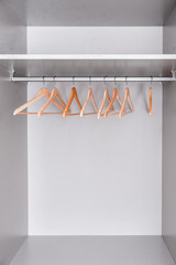 row of lacquered wooden light hangers for clothes hangs in wardrobe on metal rod. There's empty shelf on top. Accessories made of environmental material