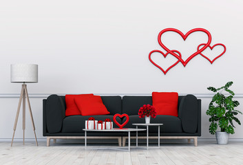 living room and sofa interior design 3D illustration, valentine.