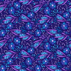 Summer seamless pattern. Floral pattern. Blue cornflower, other flowers and plants on dark blue background. Doodle style