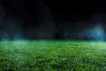 Spotlight shining on the green turf of an empty sports field at night.