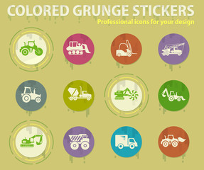 Construction machines colored grunge icons