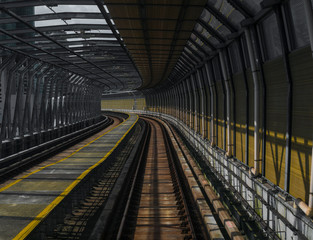 Metal subway train track way. Transportation concept.