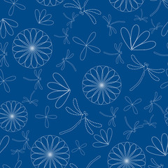 Seamless vector pattern background with dragonflies and flowers in japanese embroidery style