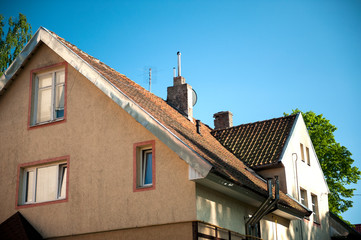 Old house with a red tiled roof. city landscape.Ancient architecture, Russia, Priozersk, Kaliningrad region