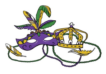 Mardi Gras composition. Group of carnival mask with feathers, beads and crown. Color vector illustratio
