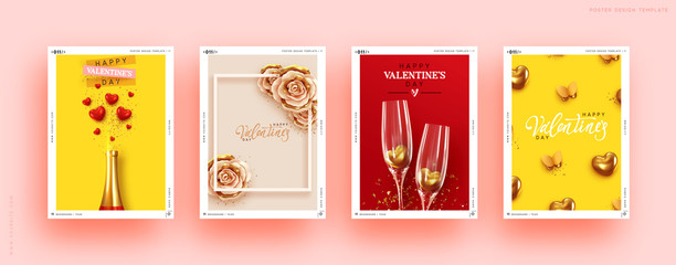 Valentines Day Set of Holiday Gift Card. Romantic banners, web poster, flyers and brochures, greeting cards, group bright covers. Design with realistic decoration objects. wedding invitations - obrazy, fototapety, plakaty