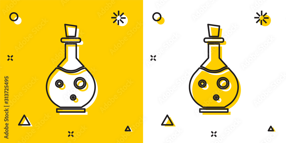 Aufkleber black glass bottle with magic elixir icon isolated on yellow and white background. computer game ass