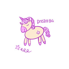 Unicorn vector. Horse sleep. Colored book. Sticker, icon isolated. Cute magic cartoon fantasy animal. Dream symbol. Design for children, baby room interior, scandinavian style