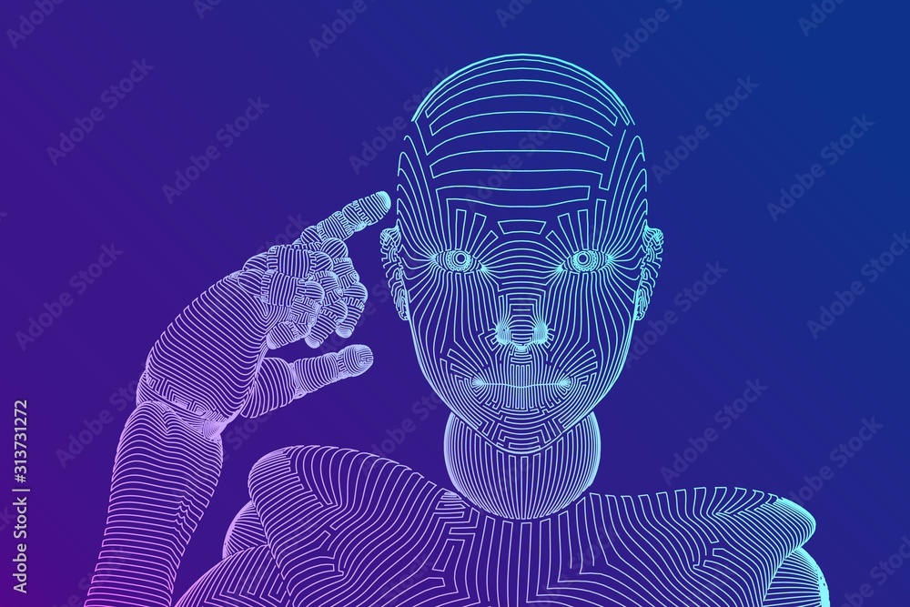Aufkleber abstract wireframe female cyborg or robot holds a finger near the head and thinks or computes using 