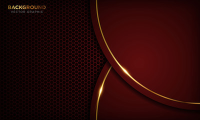 Red luxury background with overlap layers. Texture with golden line and shiny golden light effect. Vector illustration.