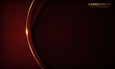 Red luxury background with overlap layers. Texture with golden line and shiny golden light effect. Vector illustration.