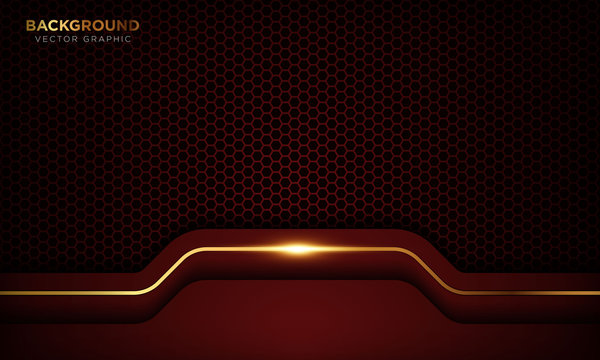 Red luxury background with overlap layers. Texture with golden line and shiny golden light effect. Vector illustration.