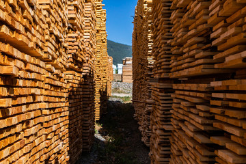 Piles of thin manufactured wood planks create a narrow alley in the yard of a sawmill. Endless stacks of natural building materials beneath a blue sky