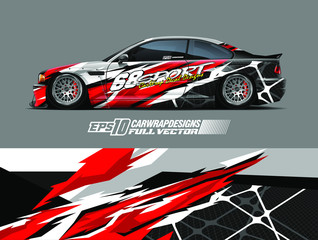 Drift car graphic livery design vector. Graphic abstract stripe racing background designs for wrap cargo van, race car, pickup truck, adventure vehicle. Eps 10