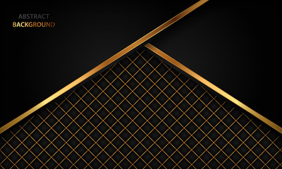 Elegant black luxury background. Black leather textured with gold metal details. Modern vector design template.