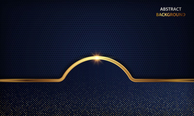 Luxury dark blue overlap dimension background on metal pattern. Colorful golden glitters halftone texture with shiny realistic golden elements. Modern vector design template.