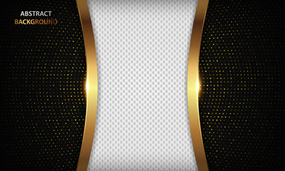 Abstract black and white luxury background with overlap layers. Realistic texture with golden element, shiny light effect and golden circle glitters dots. Modern vector design template.