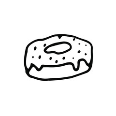 Cute donut in hand drawn doodle style. For your seasonal design, packaging, menus and stickers. Isolated on white background