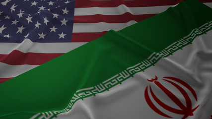usa and Iran flags on dirty metal plate 3d rendering for negotiate content..