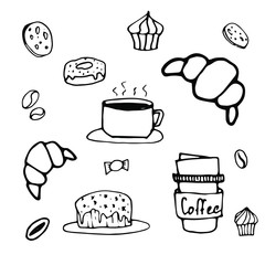  Cute doodle coffee shop icons. Croissant, donut, cookies, cupcake. Coffee and tea drawings for cafe menu, stickers, design. Isolated on white background