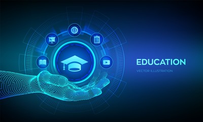Education icon in hand. Innovative online e-learning and internet technology concept. Webinar, knowledge, online training courses. Skill development. Vector illustration.