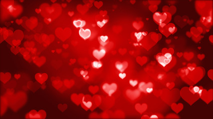 Many red hearts particle emotion fade in bokeh floating on black screen background. Icon confetti...