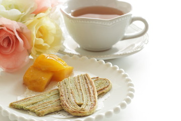 Green tea pie and tropical mango fruit for gourmet dessert