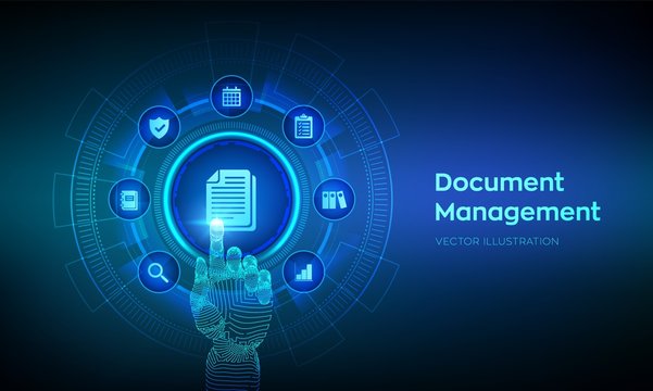 DMS. Document Management Data System. Corporate data management system. Privacy data protection. Business Internet Technology Concept. Robotic hand touching digital interface. Vector illustration.