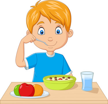 Cartoon little boy having breakfast cereals with fruits Stock Vector |  Adobe Stock